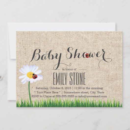 Cute Daisy & Ladybugs Burlap Baby shower Kaart (Voorkant)