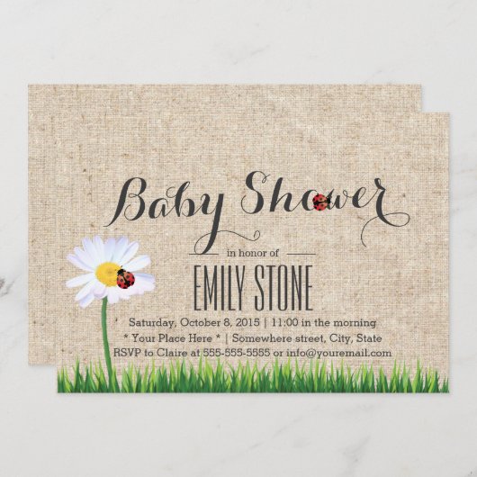 Cute Daisy & Ladybugs Burlap Baby shower Kaart (Voorkant / Achterkant)