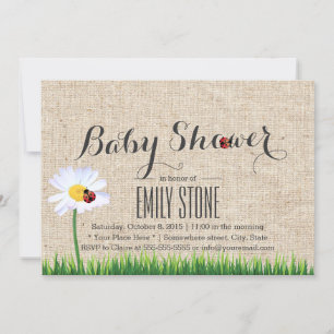 Cute Daisy & Ladybugs Burlap Baby shower Kaart