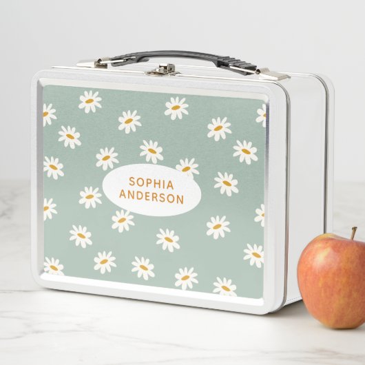 Cute Daisy Pattern on Sage Metal Lunch Box (In situ)
