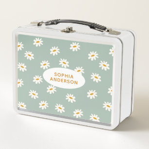 Cute Daisy Pattern on Sage Metal Lunch Box
