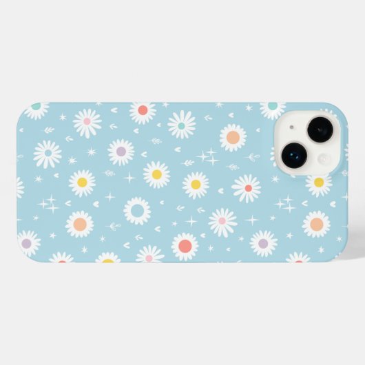 Cute Daisy Pattern– Pastel Blue Floral Aesthetic iPhone Hoesje (Achterkant horizontaal)
