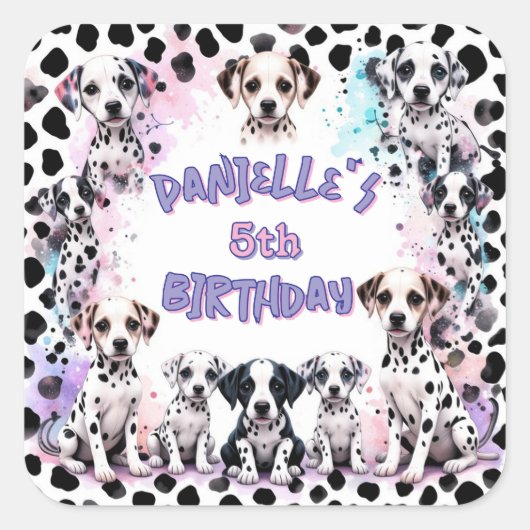 Cute Dalmatian Puppy Birthday Vierkante Sticker (Voorkant)