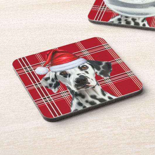 Cute Dalmatian Santa Dog Red Holiday Plaid Bier Onderzetter (Linkerzijde)