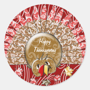 Cute Damask Cartoon Wood Grain Thanksgiving Turkij Ronde Sticker