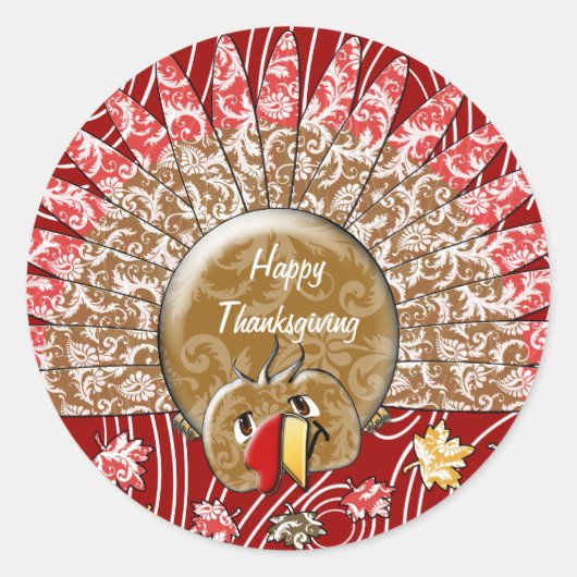 Cute Damask Cartoon Wood Grain Thanksgiving Turkij Ronde Sticker (Voorkant)