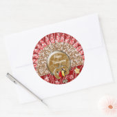 Cute Damask Cartoon Wood Grain Thanksgiving Turkij Ronde Sticker (Envelop)