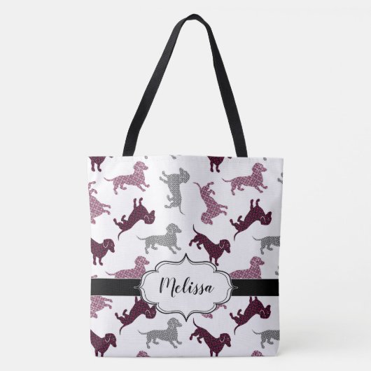 Cute Damask Dachshunds Custom Name Tote Bag (Voorkant)