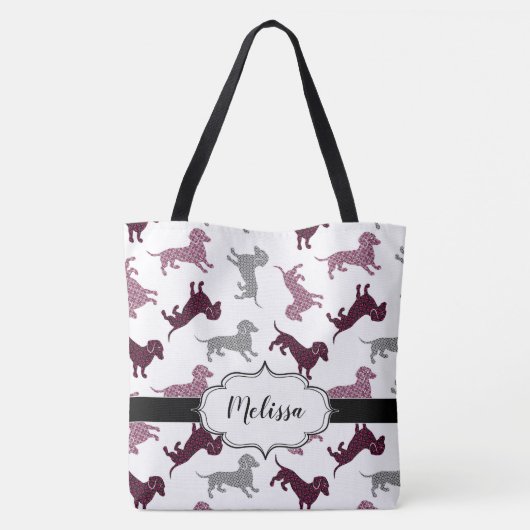 Cute Damask Dachshunds Custom Name Tote Bag (Achterkant)