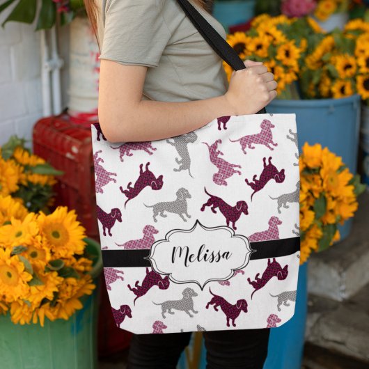 Cute Damask Dachshunds Custom Name Tote Bag