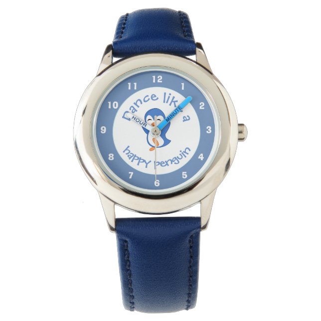 Cute Dance als een Happy Penguin Blue Horloge (Voorkant)