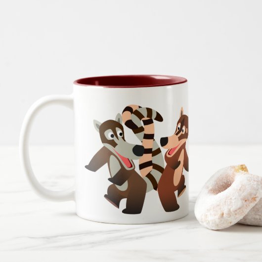 Cute Dancing Cartoon Coatimundis Tweekleurige Koffiemok (Met donut)