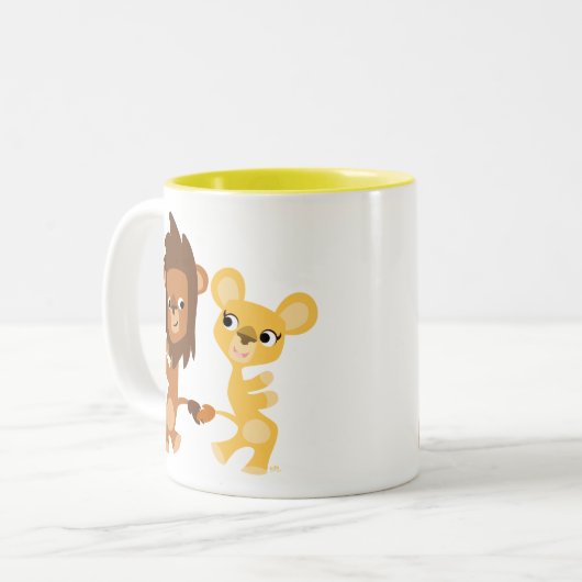 Cute Dancing Cartoon Lions Tweekleurige Koffiemok (Voorkant links)