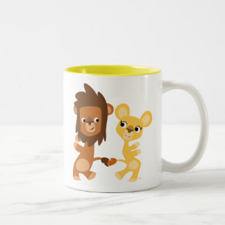 Cute Dancing Cartoon Lions Tweekleurige Koffiemok