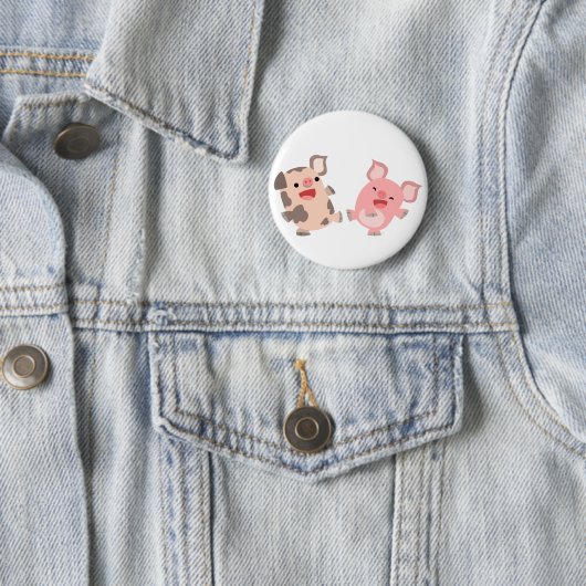 Cute Dancing Cartoon Pigs Button Badge (In situ)