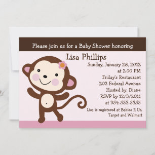 Cute Dancing Monkey Girl Baby shower Invitation Kaart