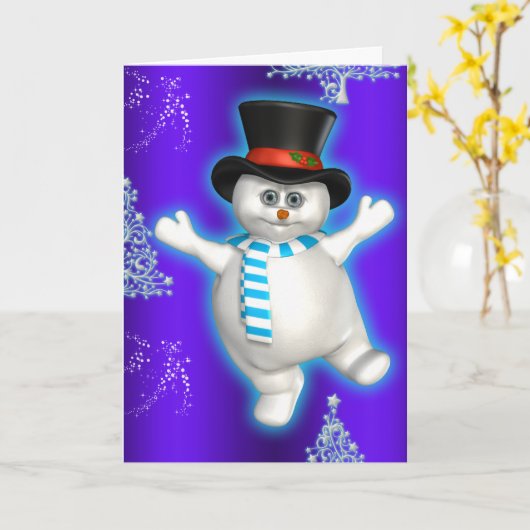 Cute Dancing Snowman Blue Kerstmis Kaart (Gele Bloem)