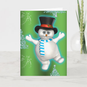 Cute Dancing Snowman Green Kerstmis Kaart