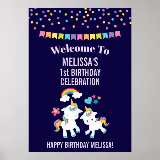 Cute Dancing Unicorns Magical Rainbow Birthday Poster (Voorkant)
