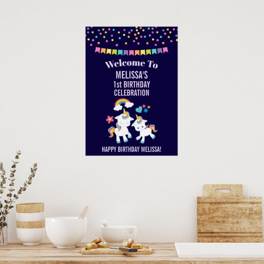 Cute Dancing Unicorns Magical Rainbow Birthday Poster (Keuken)