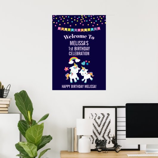 Cute Dancing Unicorns Magical Rainbow Birthday Poster (Thuiskantoor)