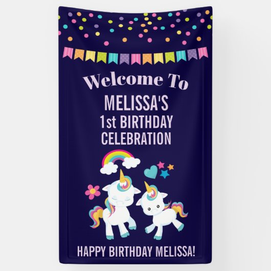 Cute Dancing Unicorns Magical Rainbow Birthday Spandoek (Verticaal)