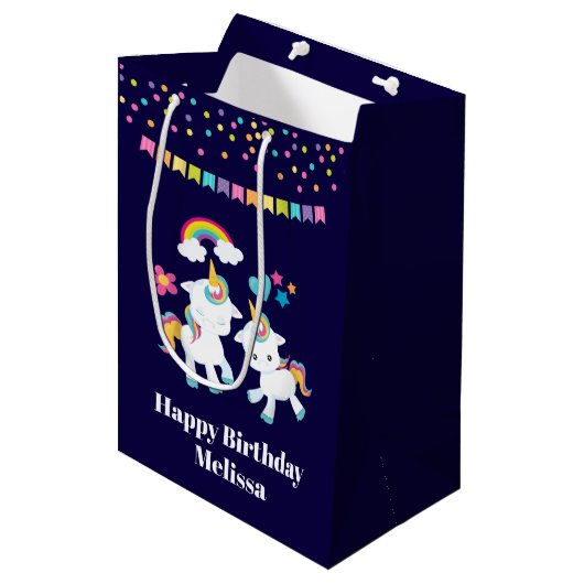 Cute Dancing Unicorns Magical Rainbow & Stars Medium Cadeauzakje (Voorkant Gekanteld)