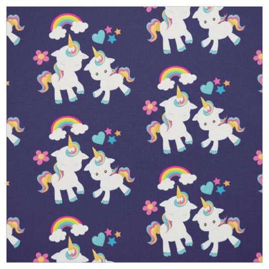 Cute Dancing Unicorns Magical Rainbow & Stars Stof (Swatch)