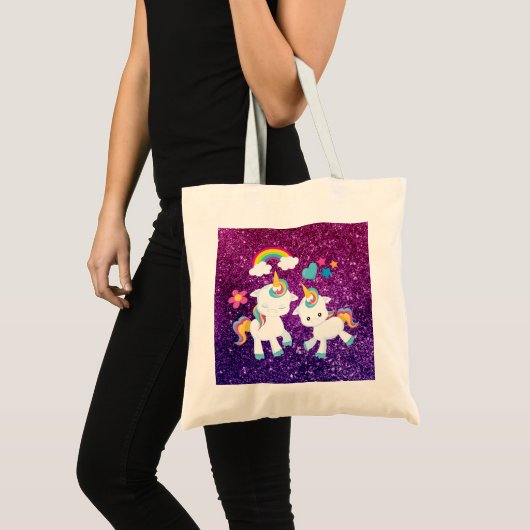 Cute Dancing Unicorns Magical Rainbow & Stars Tote Bag (Voorkant (product))