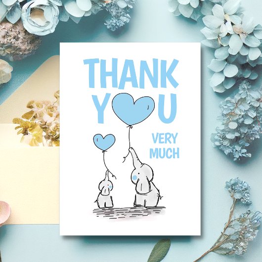 Cute DANK JE Baby shower Elephant Blue Boy BLANK Bedankkaart