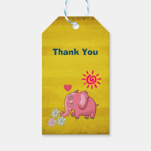 Cute Dankjewel met roze olifant en bloemen Cadeaulabel (Voorkant)
