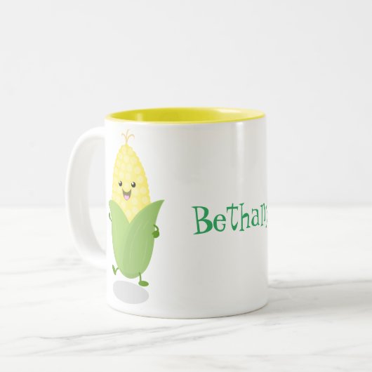 Cute dansende maïskolf cartoon illustratie tweekleurige koffiemok (Voorkant links)