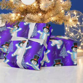 Cute Dansende Snowmen op Blauwe Kerstmis Cadeaupapier