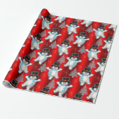 Cute Dansende Snowmen op Rode Kerstmis Cadeaupapier (Uitgerold)