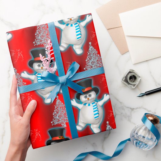 Cute Dansende Snowmen op Rode Kerstmis Cadeaupapier