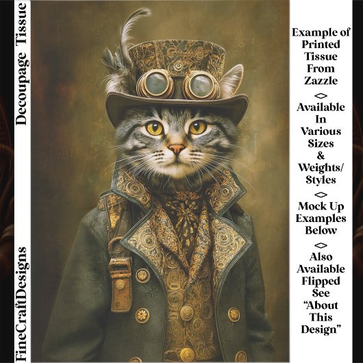 Cute Dapper Stoomtech Zwartbonte Kat ET7L Decoupag Tissuepapier
