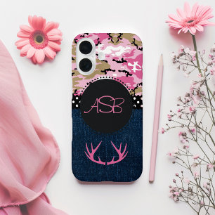  Cute Dark Blue Jeans Pink Antler Camo iPhone 16 Hoesje