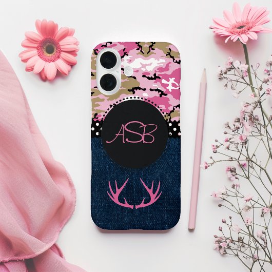Cute Dark Blue Jeans Pink Antler Camo Case-Mate iPhone Case