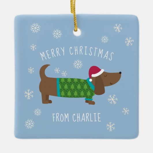 Cute Daschund Fotokerstmis Keramisch Ornament (Voorkant)