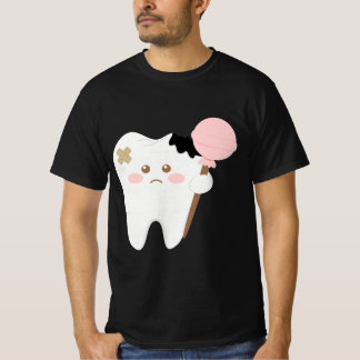 Cute decayed tooth cartoon holding lollipop funny t-shirt