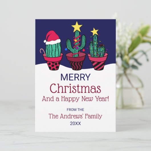 Cute Decorated Cactus Tree Lights Kerstmis Feestdagenkaart (Staand voorkant)