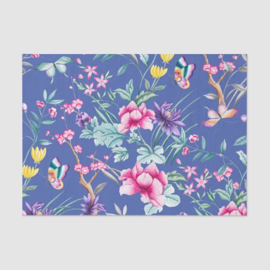 Cute Deep Blue Floral & Butterflies Pattern Tissuepapier (Voorkant)