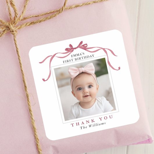 Cute Deep Blush Pink Bow Birthday Thank You Vierkante Sticker