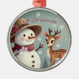 Cute Deer And Snowman Holiday Metalen Ornament