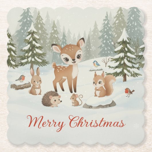 Cute Deer and Woodland Animals Merry Christmas Kartonnen Onderzetters (Voorkant)