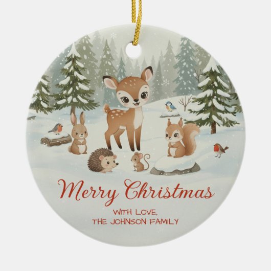 Cute Deer and Woodland Animals Merry Christmas Keramisch Ornament (Voorkant)
