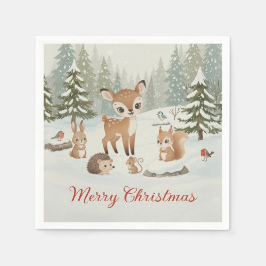 Cute Deer and Woodland Animals Merry Christmas Servet (Voorkant)