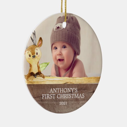 Cute Deer Baby's 1St. Fotokerstversiering Keramisch Ornament (Rechts)