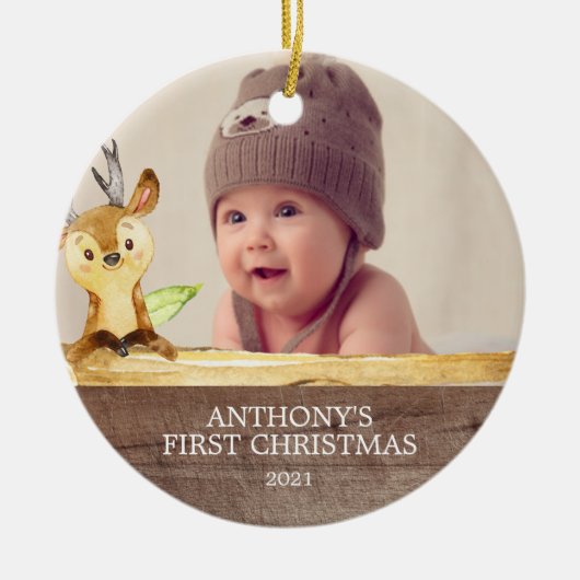 Cute Deer Baby's 1St. Fotokerstversiering Keramisch Ornament (Voorkant)