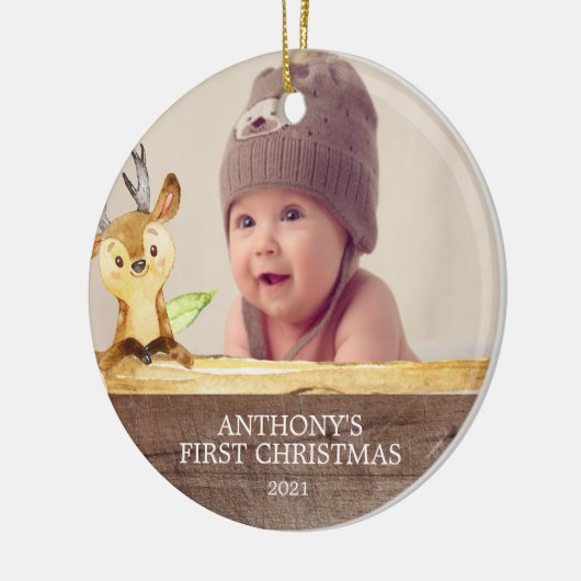 Cute Deer Baby's 1St. Fotokerstversiering Keramisch Ornament (Links)